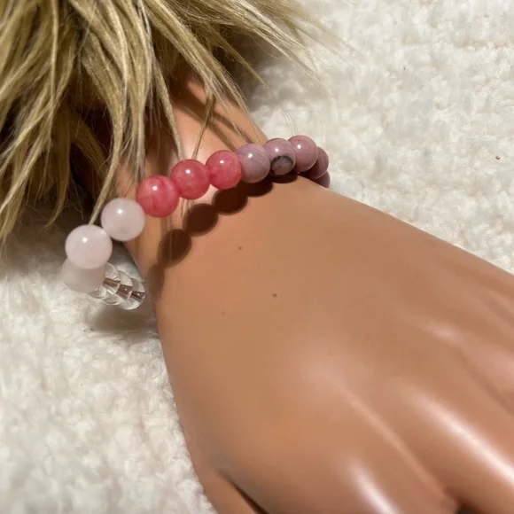 Bracelet 8,5mm Rose Quartz, Clear Quartz, Rhodonite , Rhdochrosite - Picture 1 of 8